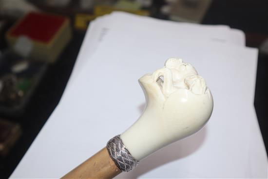 A carved ivory bulldog handled walking stick